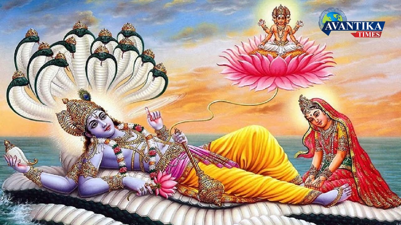 Devuthani Ekadashi 2024 - a painting of a man lying on a snake with a couple of birds